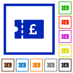 英镑折扣优惠券平面彩色图标，方形框架白色背景