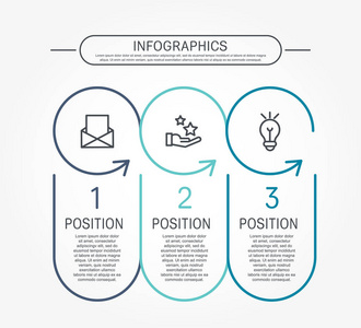 现代平面矢量插图。 模板信息图形与三个元素圆圈和箭头。 包含文本和图标。 为业务演示设计网页设计图，有3个步骤。
