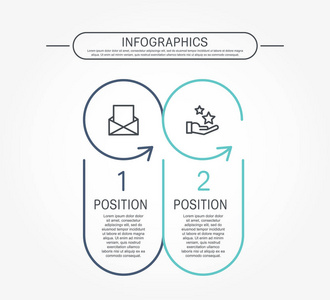 现代平面矢量插图。 模板信息图形与两个元素圆圈和箭头。 包含文本和图标。 为业务演示设计网页设计图，有2个步骤。