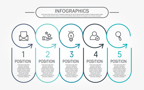 现代平面矢量插图。 模板信息图形与五行圆圈和箭头。 包含文本和图标。 为业务演示设计网页设计图，有5个步骤。