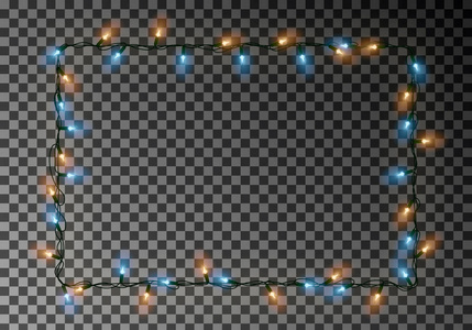 圣诞节灯边框向量, 光字符串框架隔离在黑暗背景与复制空间。Tran
