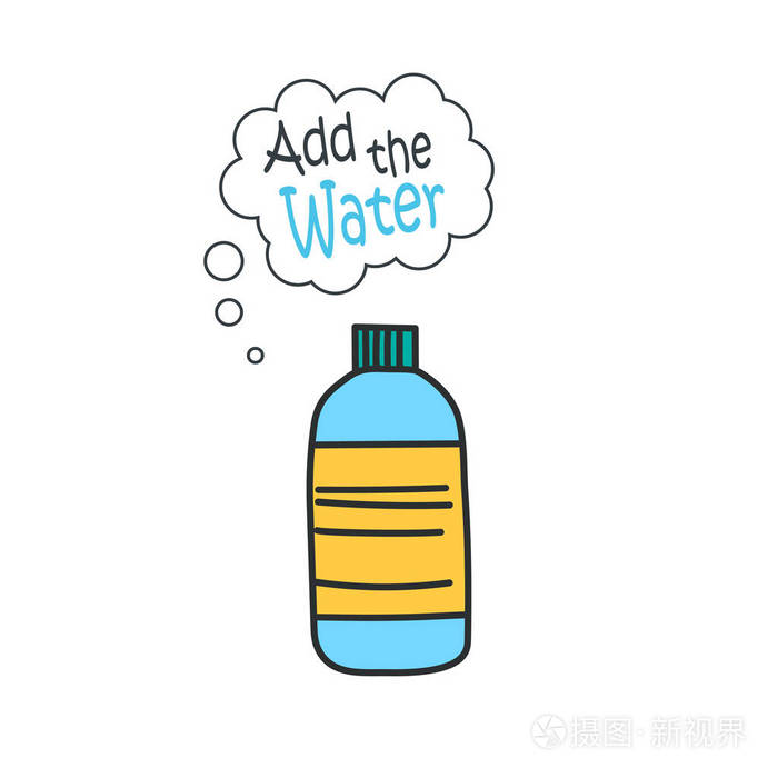 饮水瓶动画片向量和插图, 黑白, 手绘, 素描风格, 查出的白色背景