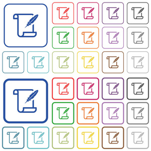 纸卷与羽毛颜色平面图标在圆形方形框架。包括薄和厚的版本。