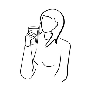 女人拿着纸杯咖啡矢量插图素描涂鸦手画黑线隔离在白色背景