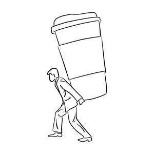 怎么画铁素描商人拿着大外卖咖啡在他的背面矢量插图素描涂鸦手画黑线