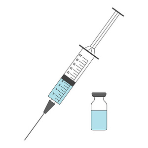 白色背景上带有蓝色疫苗的注射器