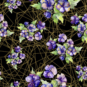水彩紫色花束的中提琴花。花卉植物花卉。无缝的背景模式
