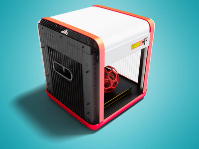 现代白色3D打印机家庭使用与红色插入3D渲染蓝色背景与阴影。