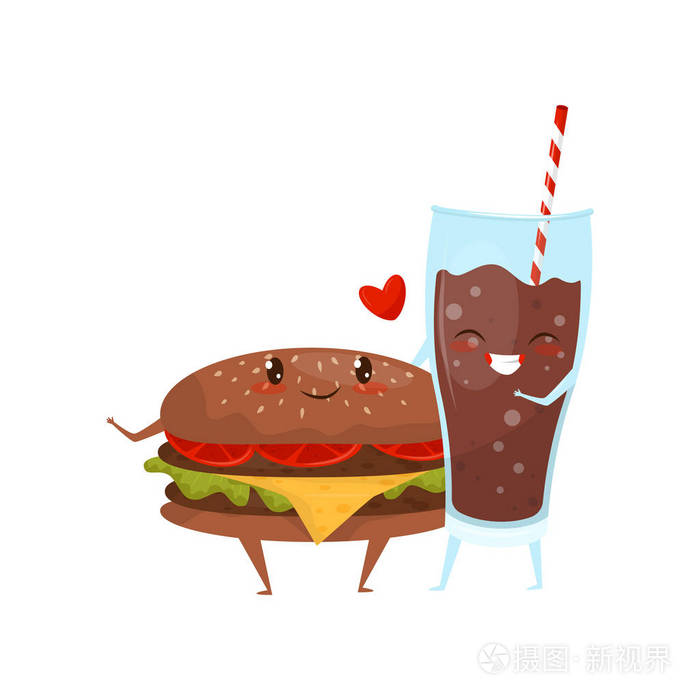 汉堡包和可乐饮料是永远的朋友快餐菜单滑稽动画片字符向量例证在白色