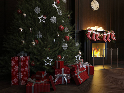 3d 渲染圣诞内饰, 圣诞树壁炉灯