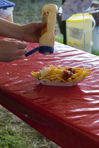 在花园户外聚会上，美味的炸薯条与红番茄酱蛋黄酱和一杯德国啤酒一起放在红桌子上