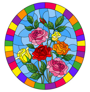 彩色玻璃样式的插图，蓝色背景上的玫瑰花束，明亮的框架图像