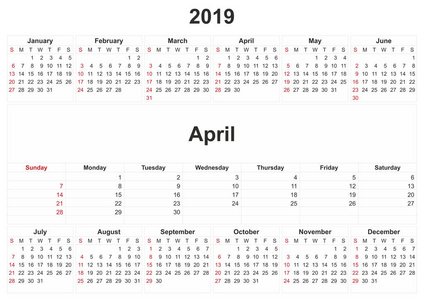 2019年白色背景的月历。
