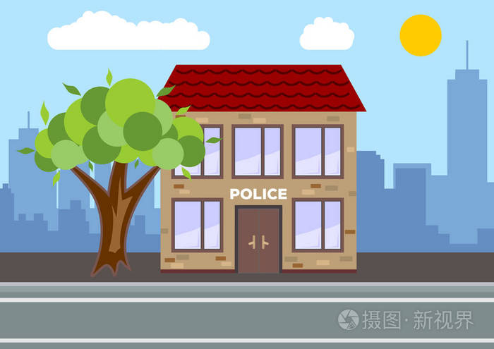 插画 建筑 警察局大楼.城市景观概念.平面设计.向量例证.eps