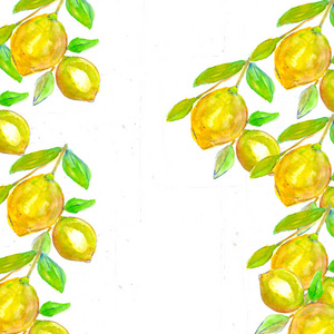 柠檬的水彩风格和金色的几何图案。时装模特, 问候, 生日贺卡, 海报和封面背景的模板