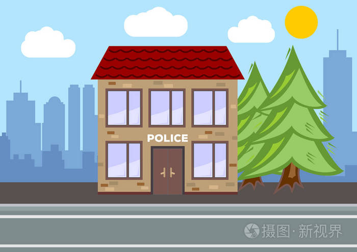 警察局大楼.城市景观概念.平面设计.向量例证