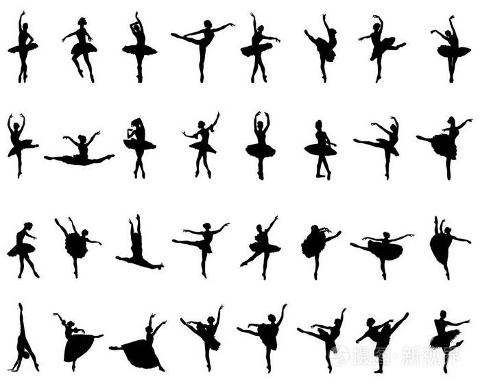 白色背景矢量上芭蕾舞演员的黑色轮廓