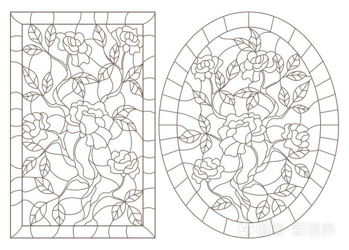 玻璃窗的轮廓插图,在白色背景,椭圆形和长方形图像上的框架内有玫瑰色