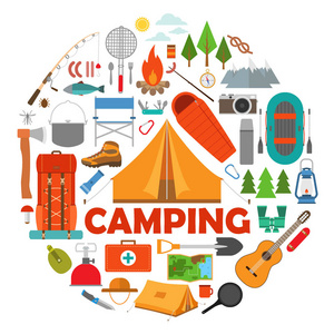 一套徒步旅行和营地设备。 带旅游背包的露营者。 矢量图。