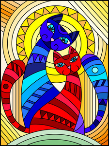 彩色玻璃风格的插图与一对抽象的几何猫在橙色背景与太阳照片