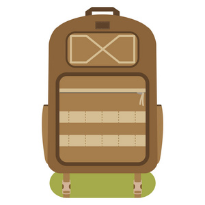 野营背包。 带睡袋的旅游徒步旅行背包。 平面设计矢量图
