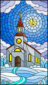 彩色玻璃风格的插图，教堂的背景是冬天的风景，教堂的背景是阳光明媚的天空和雪。