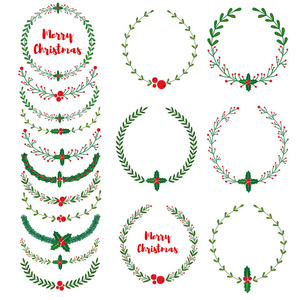一套新年圣诞涂鸦手绘花环框架胸衣。 包括旧刷子。 矢量插图