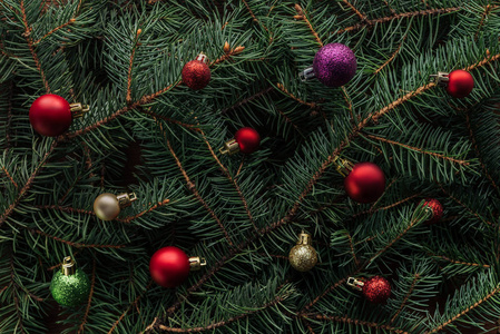 绿松枝上五颜六色的圣诞玩具全架