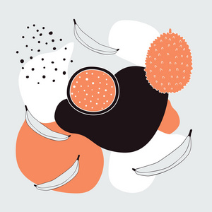 时尚背景与抽象元素波尔卡点和异国水果杰克水果香蕉龙果片黑色,白色