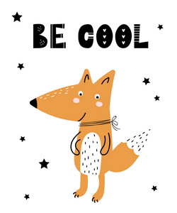 与狐狸的明信片矢量海报与卡通可爱的狐狸儿童和有趣的口号斯堪的