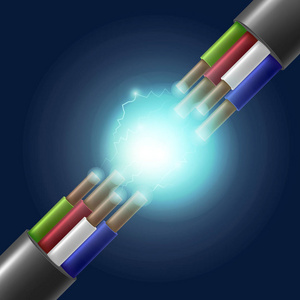 逼真详细的3d 电缆断开背景卡亮灯。向量