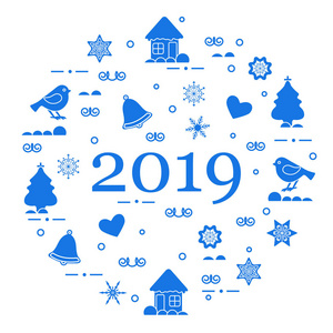 新年快乐2019年卡。 圣诞树，鸟，房子，姜饼，铃铛，星星，心，雪花。