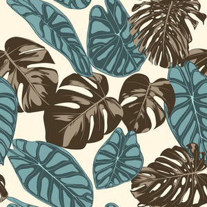 热带树叶。龟背竹和海的手工画叶子的无缝图案。纺织品, 织物的异国情调。矢量无缝背景与热带植物。丛林枝叶。水彩效果