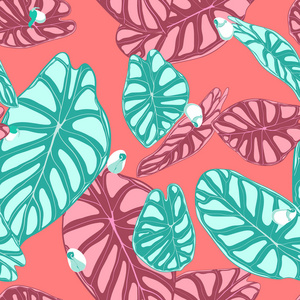 无缝的丛林模式。媒介热带叶子在水彩样式。背景与程式化植物海。手写的异国树叶。纺织品布料设计织物无缝热带图案
