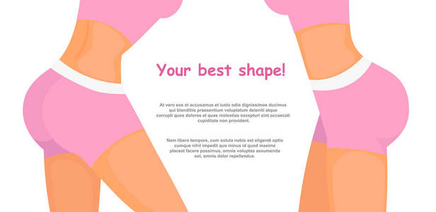 矢量插图 bodysculpt 概念与地方的文本。健身女孩身体在粉红色运动衣服, 妇女运动对接, 良好的形状, 健身应用程序, 