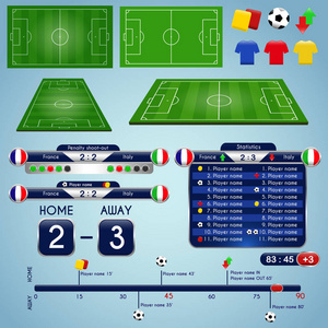 体育节目广播图形。 足球比赛统计模板。 足球元素和球场时间表与记分板。 足球比赛信息图表。 矢量图。