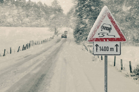 冬季驾驶雪道，设有警告标志