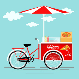 比萨饼自行车老式网络背景。 带有披萨设计的复古自动售货机。 矢量图。