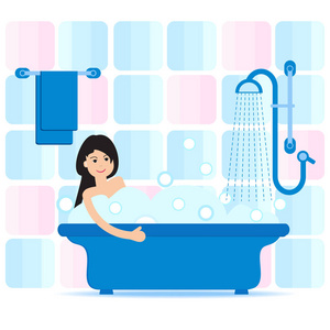 矢量卡通风格的插图妇女洗澡充满肥皂泡沫。在浴室放松的女孩。浴室内部。