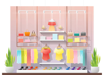 现代女性服装店的室内场景,矢量,插图照片