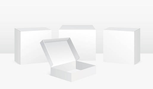 在白色背景查出的现实风格的白色框的向量例证集。用于设计的框模板