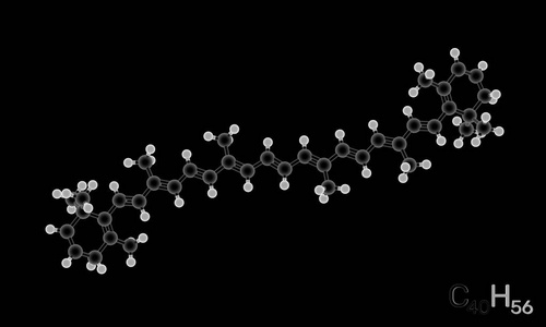 胡萝卜素模型分子..孤立在黑色背景上。3D染插图..亮度效应。