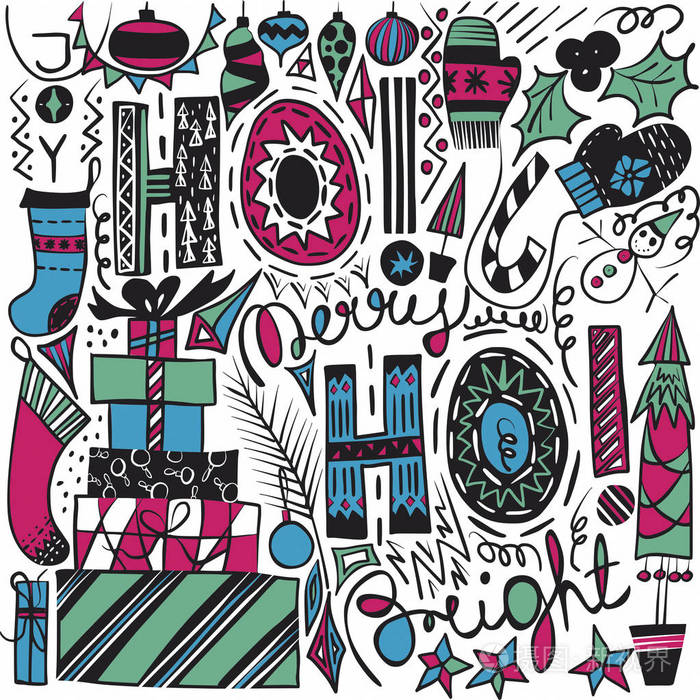 抽象美丽的艺术图形,多色可爱的节日新年涂鸦:刻字圣诞树,赠送手套