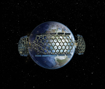 三维插图的蜂窝大地测量结构周围的地球，作为人类的象征，达到一种类型的文明，在卡达舍夫规模的科幻电子游戏或星际旅行。