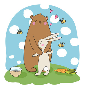 可爱的动画片熊和野兔。一壶蜂蜜, 胡萝卜和蜜蜂。快乐的动物。白色背景上的孤立对象