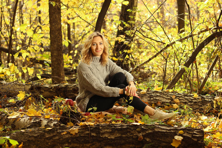 在秋季公园与落叶的背景针织毛衣的年轻美丽的女孩