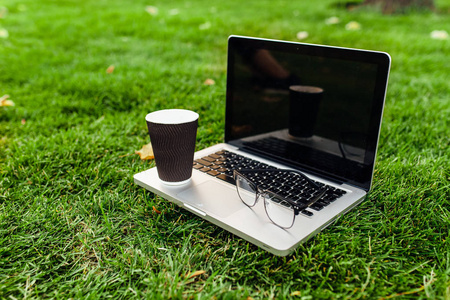 绿色草坪上有空白屏幕的笔记本电脑。咖啡和眼镜。在草地上的办公室和工作区