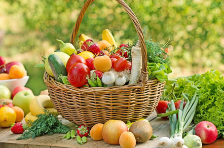 柳条篮子里装满了水果和蔬菜