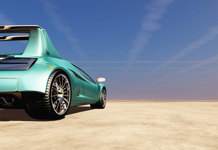 沙漠里的跑车。 3D渲染