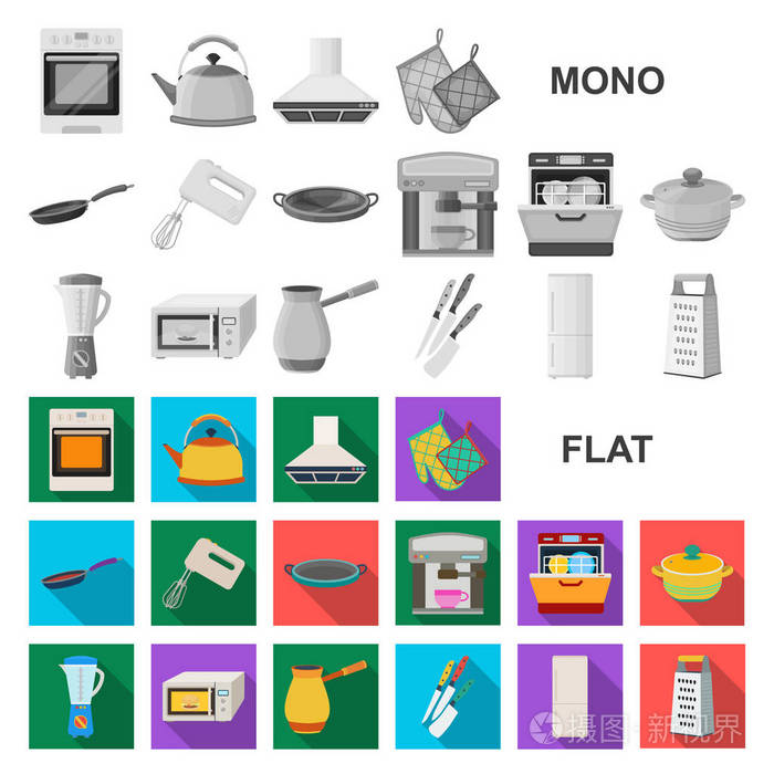 厨房设备平面图标在集合中进行设计。厨房和配件矢量符号股票 web 插图